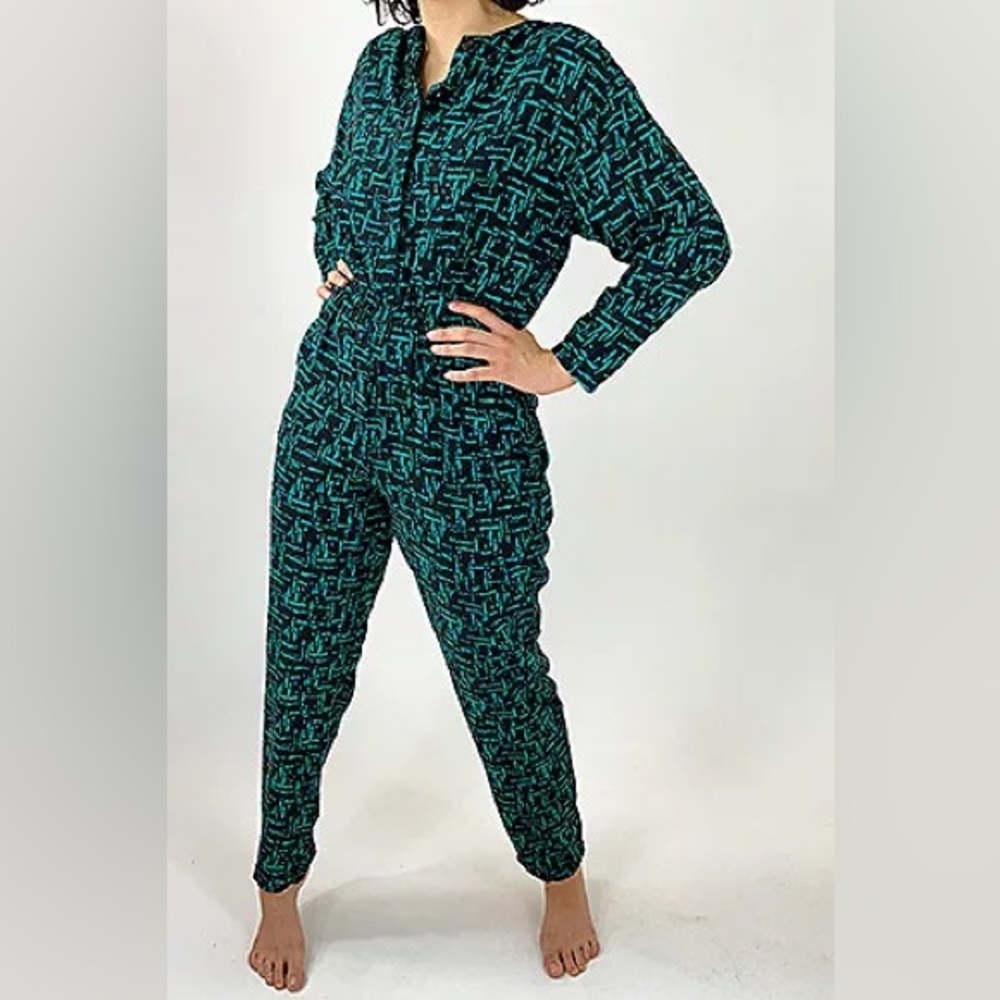 Vintage Diane Von Furstenberg Black Turquiose Abstract Print Jumpsuit  80s Sz M